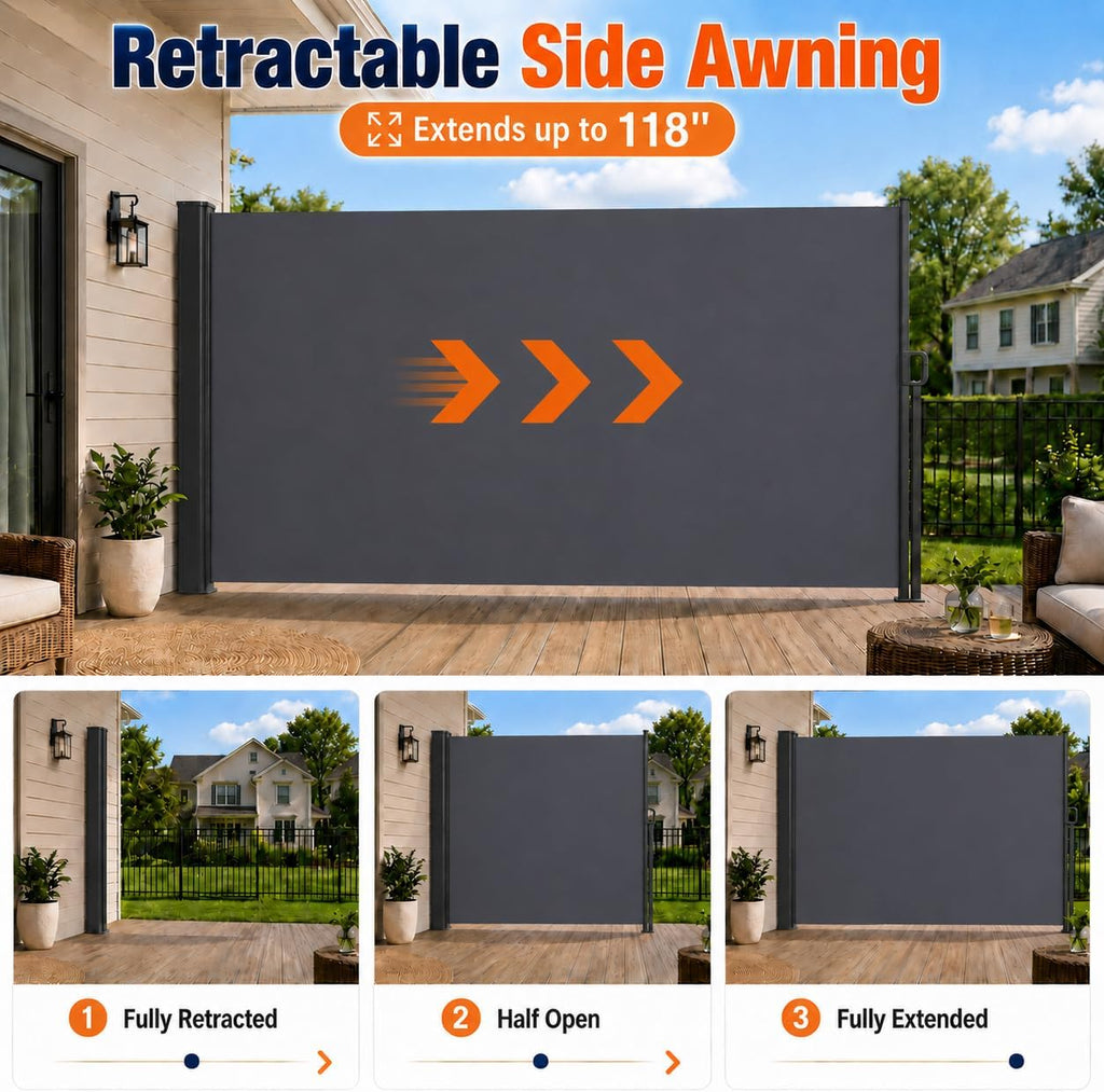118" x 71" Retractable Side Awning, Outdoor Retractable Privacy Screen, Waterproof & UV-Resistant Retractable Fence