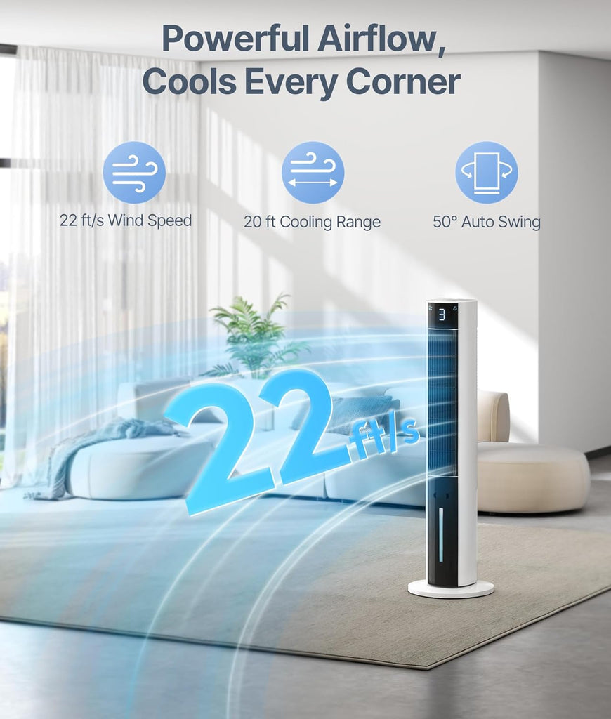 Evaporative Air Swamp Cooler - 38inch Cooling Fans that Blow Cold Air, Portable Tower Fan with 3L Water Tank