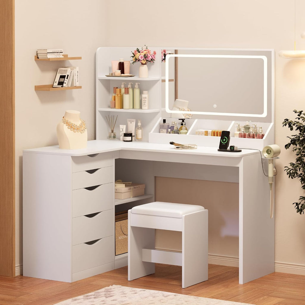 Vanity Desk with Mirror, L Shape Vanity, LED Lighted Mirror, with Fast Charging Power Outlet and 3 Storage Shelves