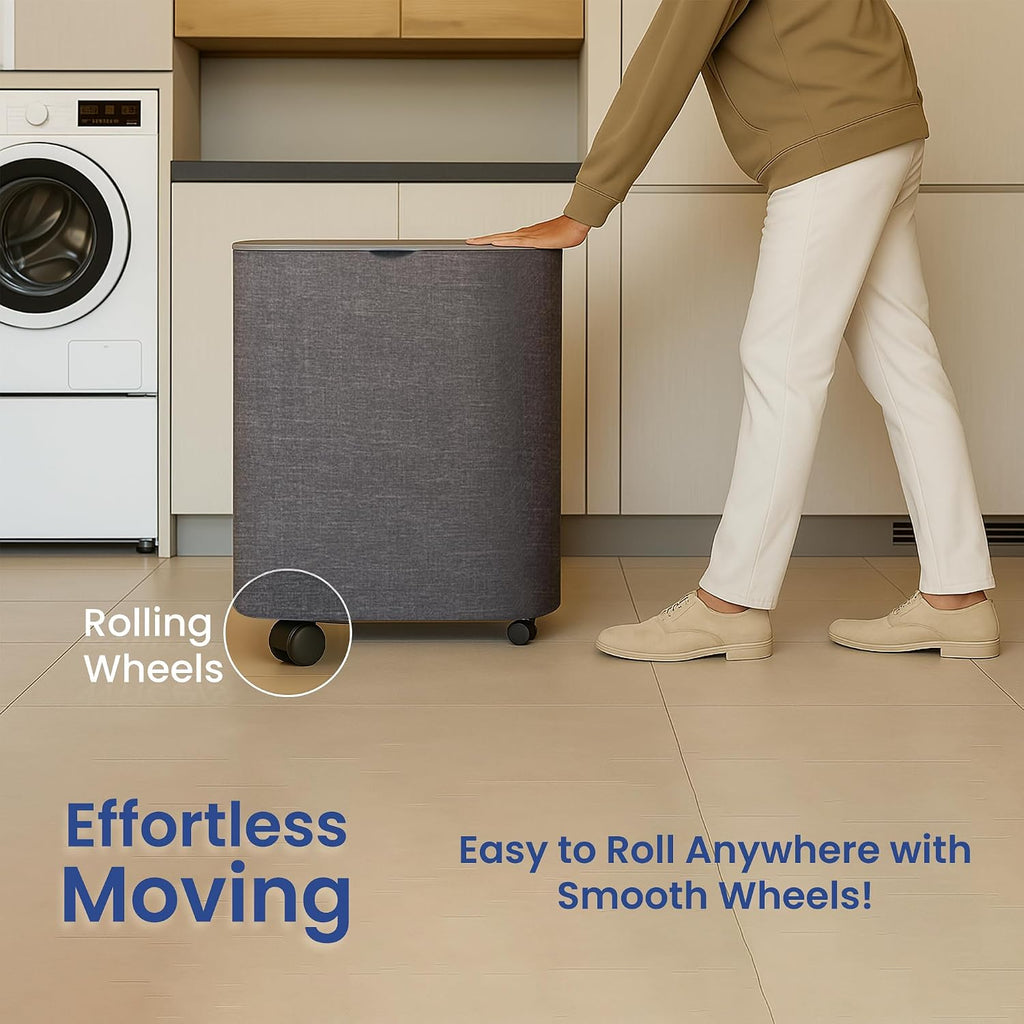 Dual Section 90L Laundry Basket with Wheels and Lid - Tall divided Double Laundry Hamper with 2 Removable Washable
