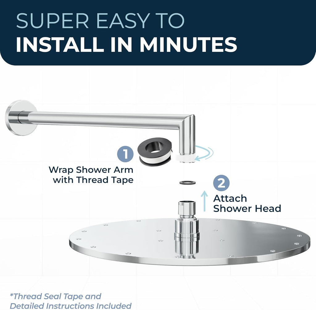 Solid Metal 12 Inch Rainfall Shower Head, Large Rain Shower Head, 2.5 GPM High Flow Shower Head Optimized for Pressure