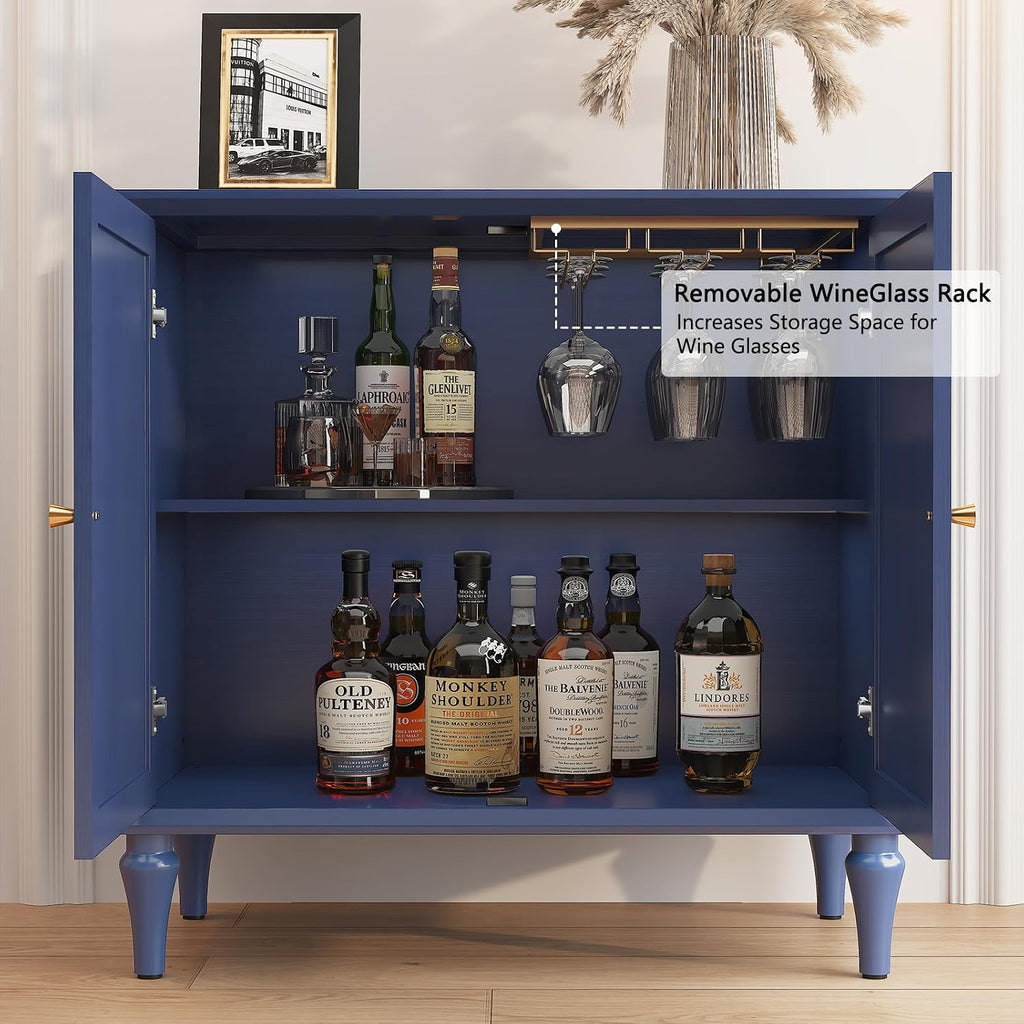 Blue Sideboard Buffet Cabinet with Storage, Mid-Century Modern Storage Cabinet with 2 Doors and Adjustable Shelves