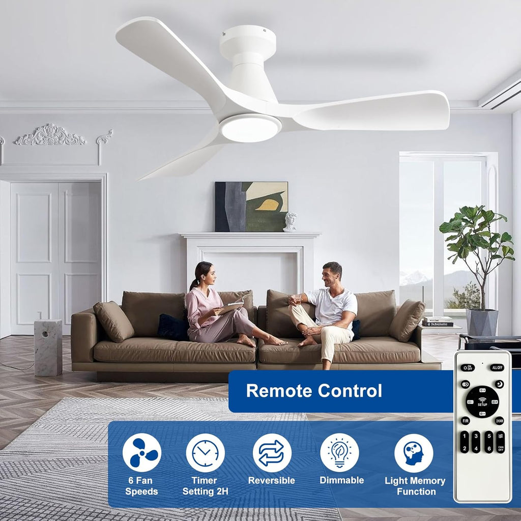 42-Inch Flush Mount Low Profile Ceiling Fan with Dimmable LED Light and Remote - White, 3 Blade, Ultra Quiet DC Motor