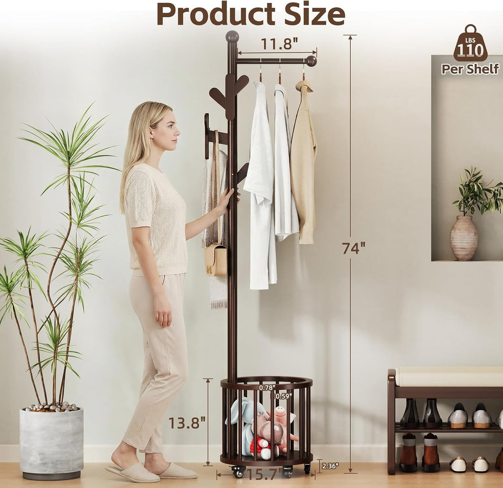 Freestanding Wooden Coat Rack with Umbrella Holder,Dark Walnut Coat Rack with Hooks, Space-Saving Entryway Organizer