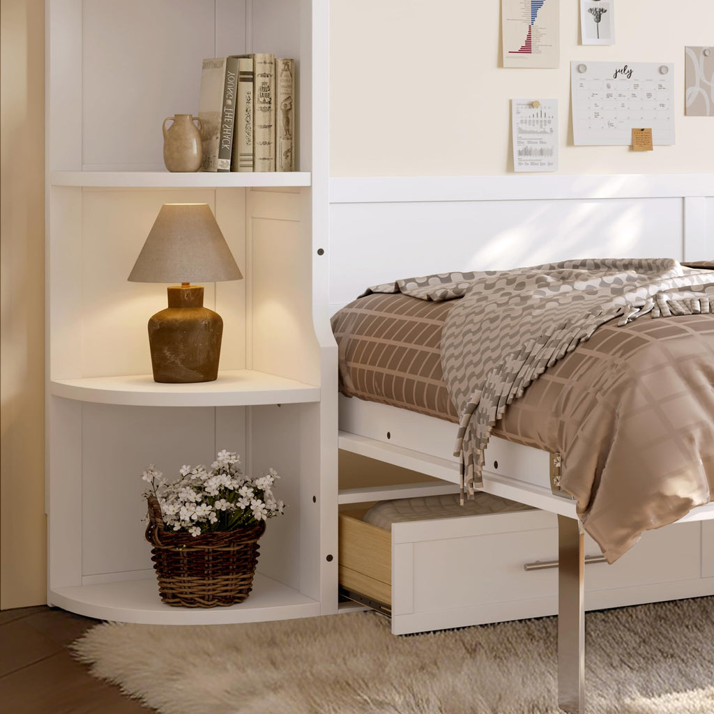 Full Size Horizontal Cabinet Murphy Bed with Side Cabinets, White