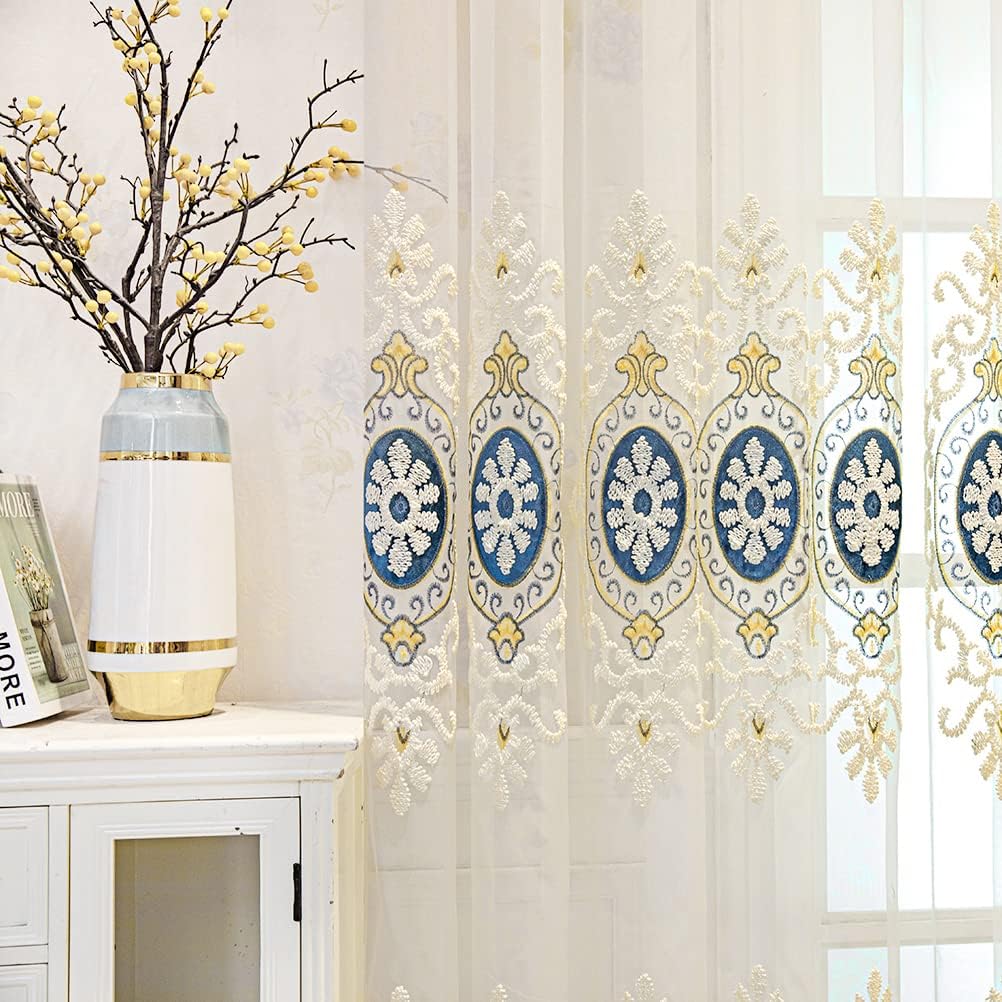 Beige Embroidered Sheer with Blue Pattern European Style Curtains for Bedroom Transparent Tulle,Grommet Top,52" W x