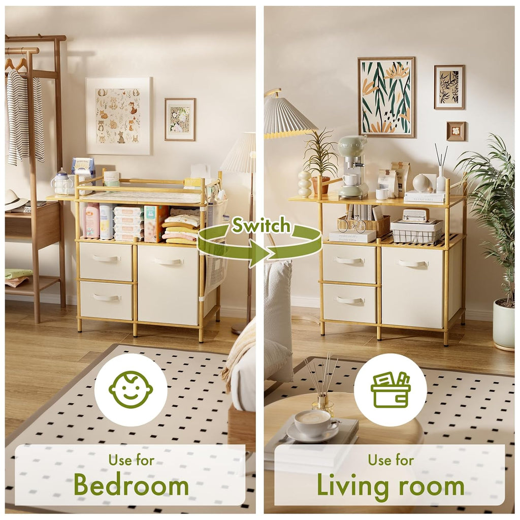 Baby Changing Table, Bamboo Baby Dresser Table with Flat Top, Diaper Changing Station with 3 Removable Storage