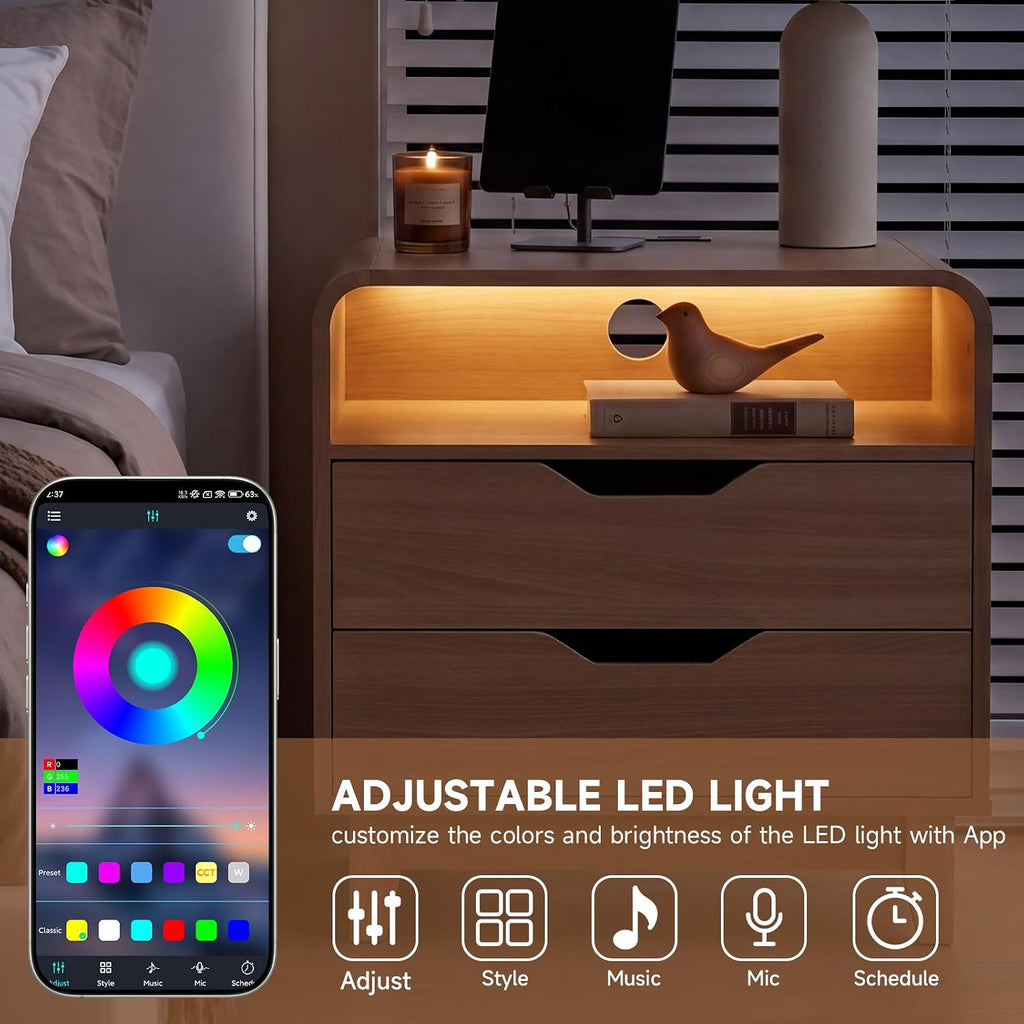 Nightstand with Charging Station, Modern Night Stand with LED Light, 23.6" Wide Wood Bed Side Table Bedroom, Large