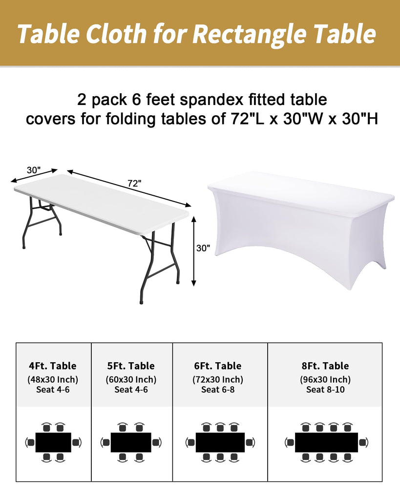 2 Pack 6FT White Tablecloth Rectangle Spandex Fitted Table Cover