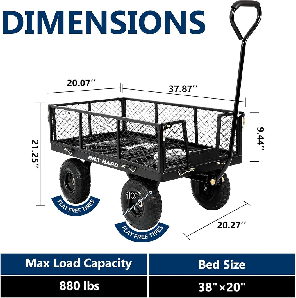 880 lbs 10" Tires Steel Garden Cart with 180° Rotating Handle and Removable Sides, Heavy Duty 4 Cu.Ft Capacity
