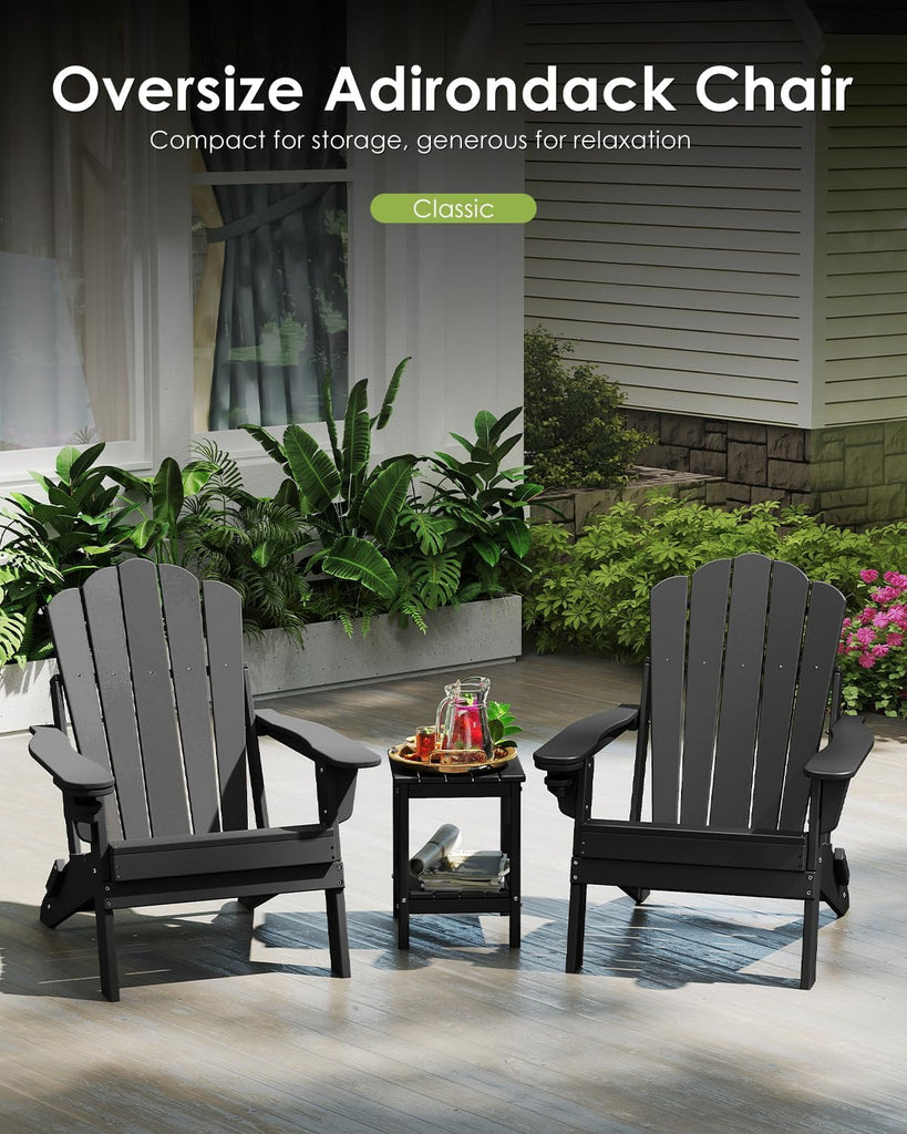 Oversized Folding Adirondack Chairs Set of 2, HDPE, Black | Cup Holder | 22" Extra-Wide | All Weather | Plastic Fire