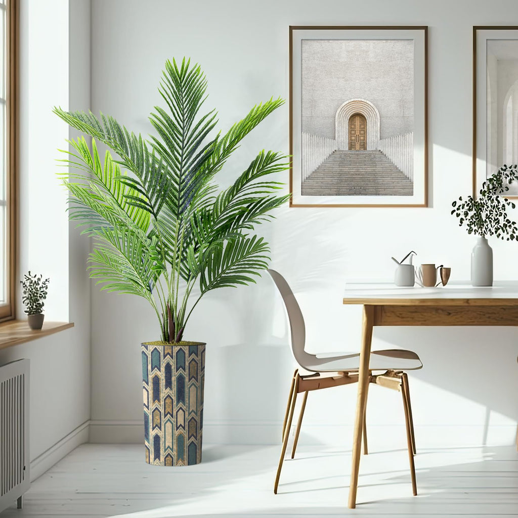 Artificial Tree in Modern Polygon Pattern Effect Planter, Fake Areca Tropical Palm Silk Tree for Indoor and Outdoor