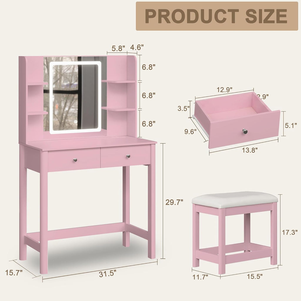 Vanity Desk with LED Mirror, 3 Lighting Modes and Chair | Small Makeup Vanity Table Set with Drawers, Dressing Table