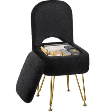 Vanity Stool Chair with Storage and Folding Back, 13.4" x 15" x 30" Square Faux Fur Soft Ottoman, 4 Metal Legs with