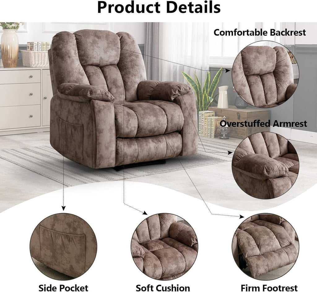 Manual Reclining Chair-Overstuffed Recliner Chair with Cup Holder Side Pocket Footrest Fabric Recliners Bedroom
