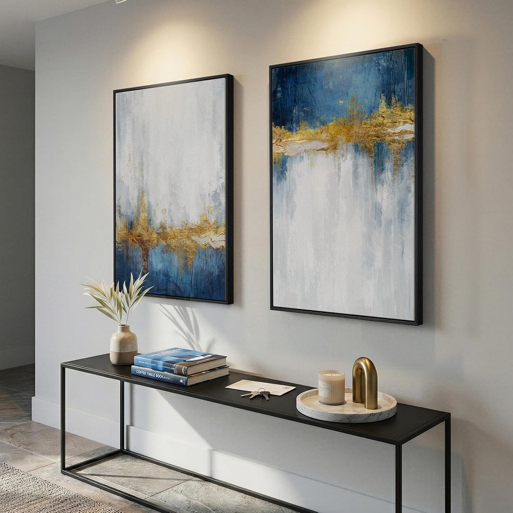 Framed Blue and White Abstract Wall Art , Set of 2 Large Gold Modern Luxury Canvas Artwork for Walls, Contemporary