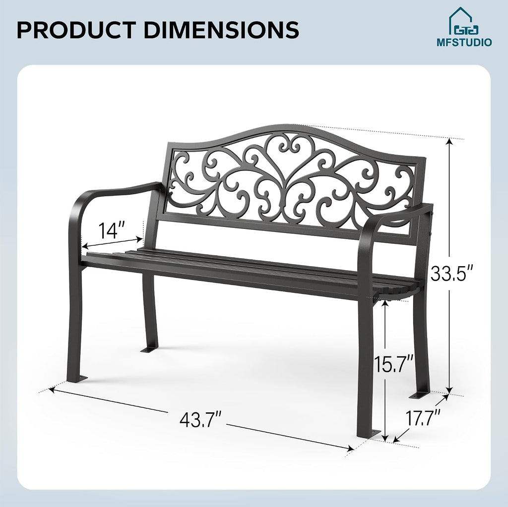 43.7 Inches Cast Iron Outdoor Garden Bench, Floral Backrest, Black | E-Coating Anti-rust Finish, Weatherproof Outdoor