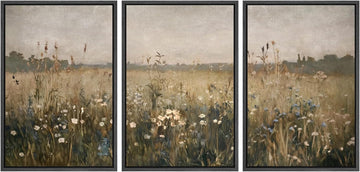 Framed Canvas Print Wall Art Set Wildflower Meadow Rustic Floral Field Landscape Illustrations Modern Art Decorative