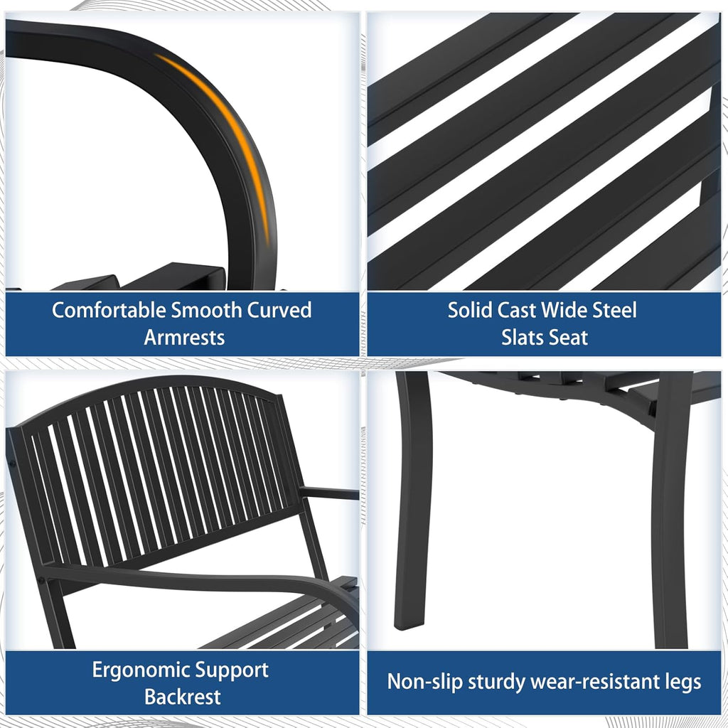 Outdoor Bench Garden Bench, Weatherproof Anti-Rust Heavy-Duty Outside Benches Clearance, Wrought Iron Metal Bench for