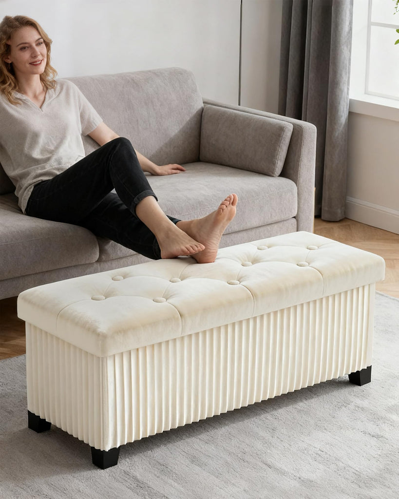 43 Inches Storage Ottoman Bench, Velvet Foot Rest Stool, Beige