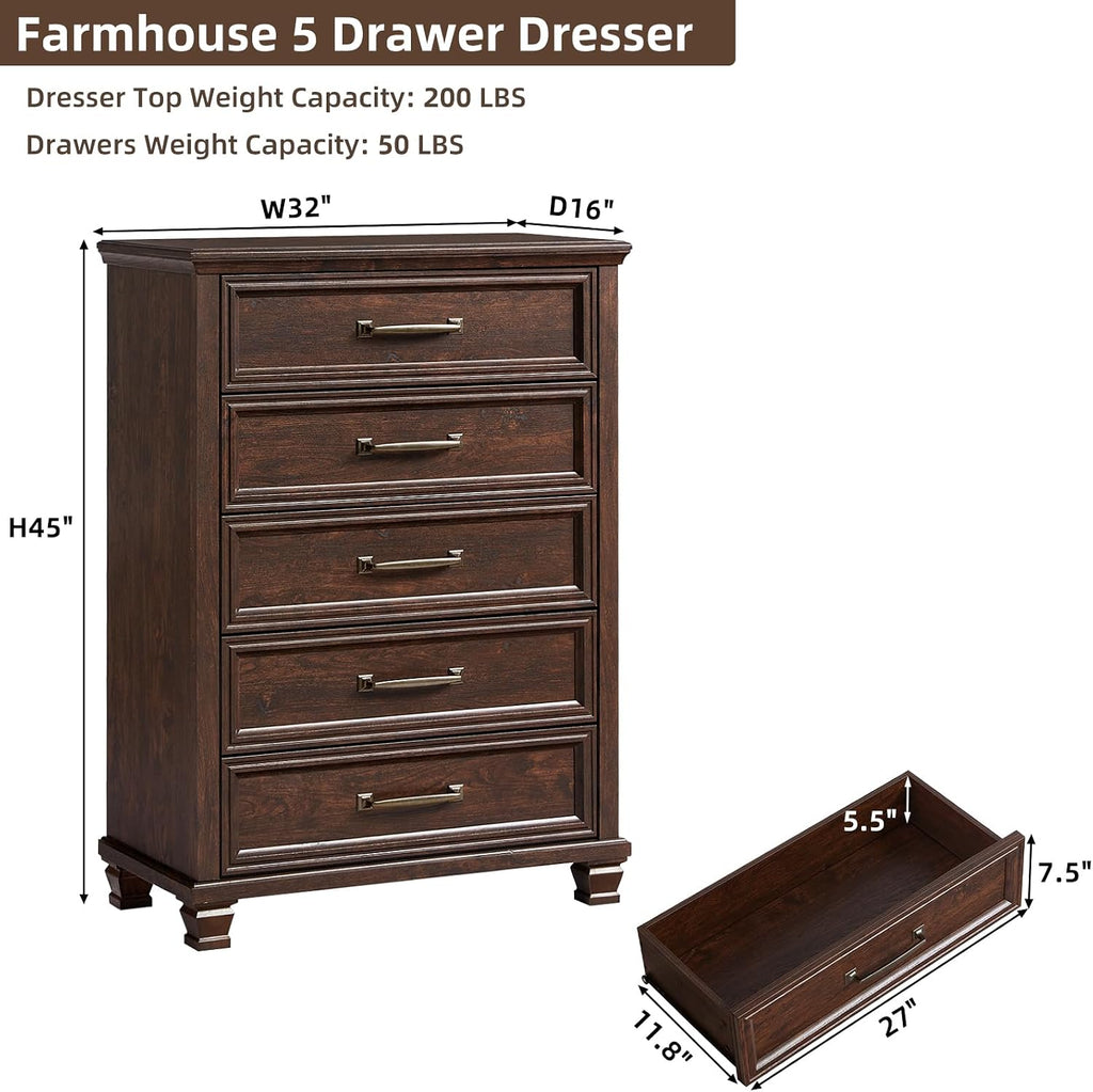 Farmhouse Chest of Drawers , 45" Tall Dresser for Closet, Rustic Wood Dressers , Walnut