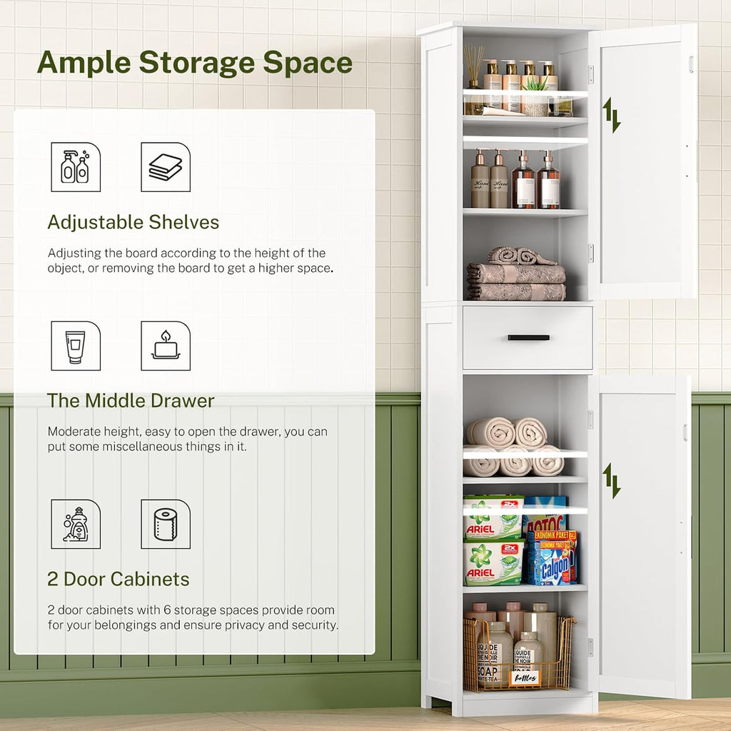 Tall Bathroom Cabinet, Storage Cabinet with 6 Shelves & Drawer, Bathroom Storage Cabinet with Adjustable Shelves