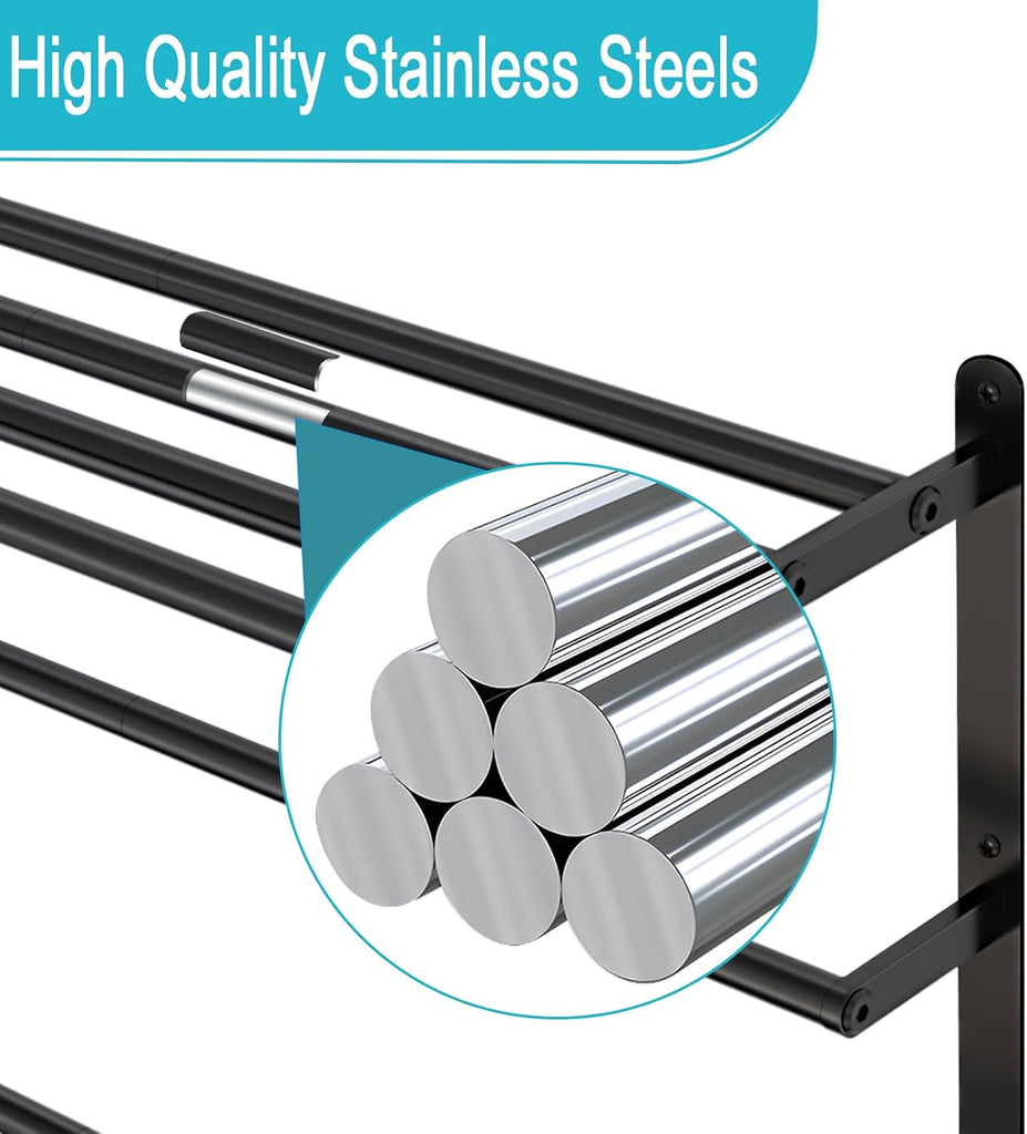 Towel Racks , 24 in Black Towel Shelf with Double Towel Bar, 3 Tier Stainless Steel Towel Storage, Bath Towel Holder