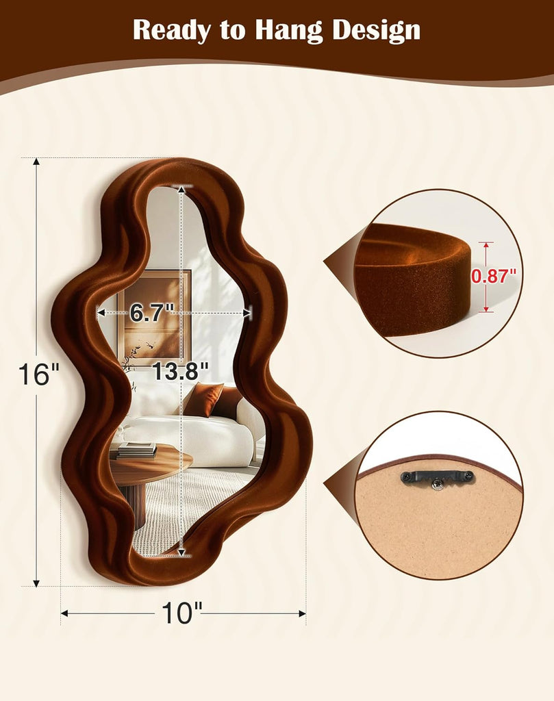 Retro Wavy Mirror Wall Decor , 16x12 Asymmetrical Wall Mounted Mirror for Girly Bedroom Decoration, Velvet Touch