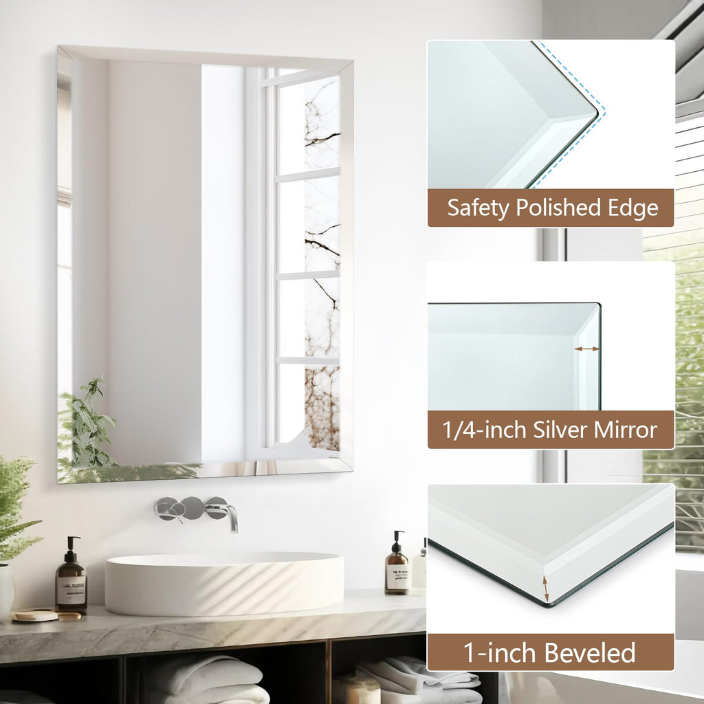 40x30 Inch Rectangle Frameless Mirror, Beveled Bathroom Mirror