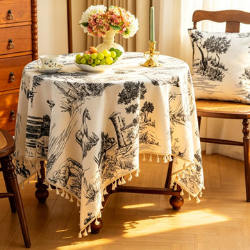 Vintage French Black White Toile De Jouy Tablecloth, Cotton Linen Blend Rectangular Table Cover with All Around