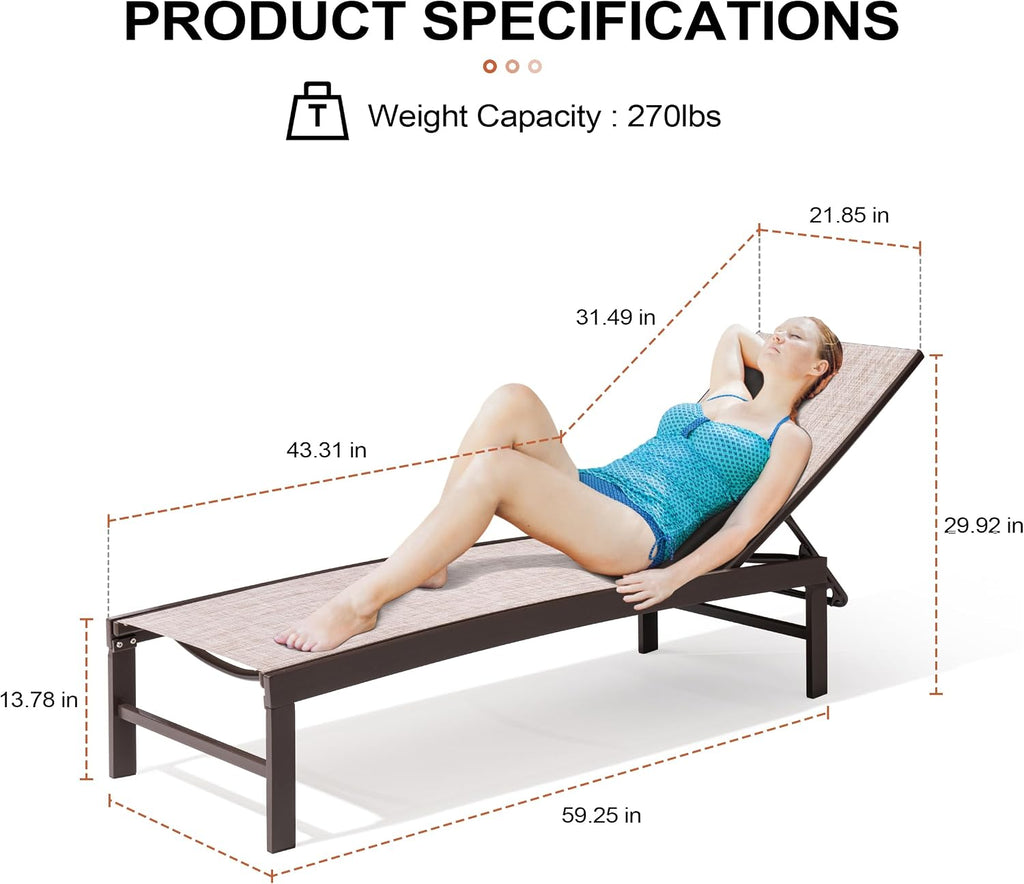 Lounge Chair Outdoor Set of 2, Metal Pool Chaise Lounge Chairs, Adjustable Five-Position Tanning Recliner, All