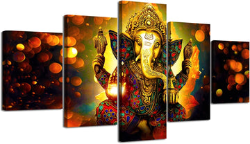 Large 5 Panel Hindu God Ganesha Wall Art - Traditional Indian Canvas Prints Decor (Framed)