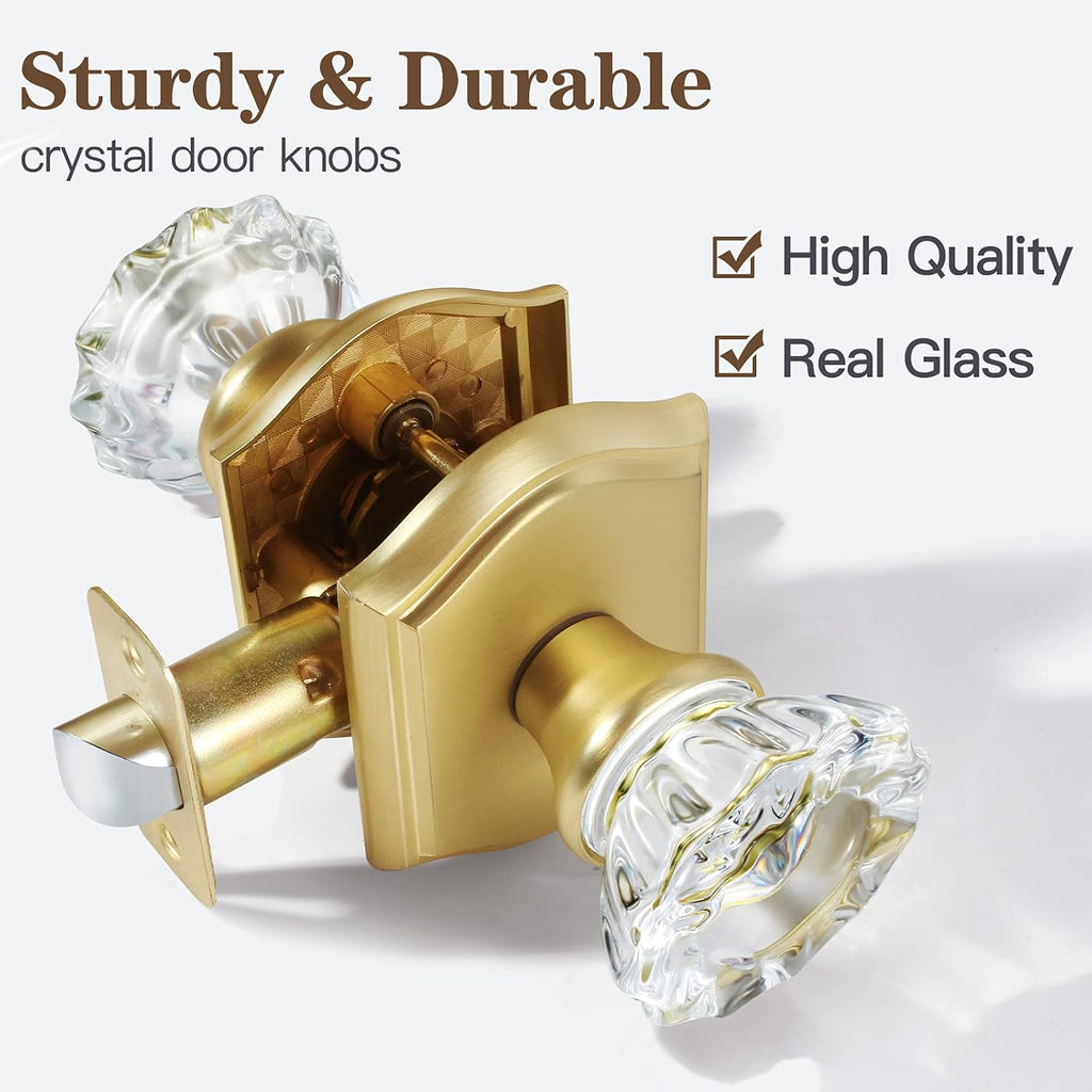 Premium Glass Door Knobs, Bathroom Bedroom Door Knobs with Lock, Privacy Gold Door Knob Interior, Satin Brass