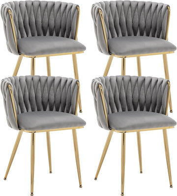 Grey Velvet Dining Chairs Set of 4, Modern Upholstered Dining Room Chairs with Gold Metal Legs, Luxury Barrel Dining