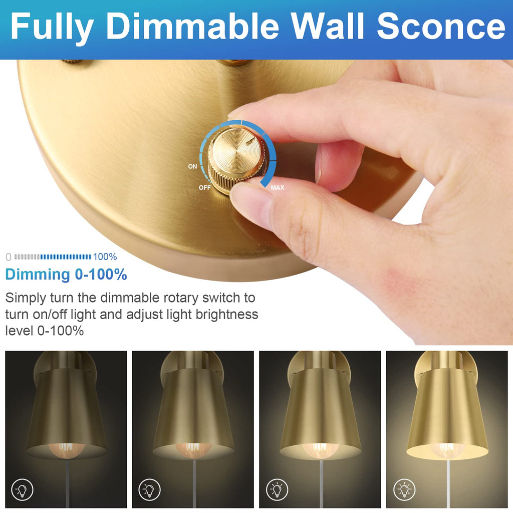 Dimmable Wall Sconce, Plug in Wall Sconce Adjustable Angle Wall Lights with Plug in Cord and Dimmer On/Off knob