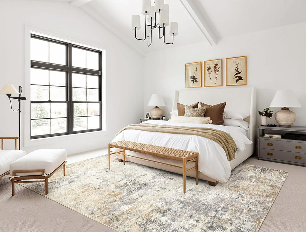 5x8 Area Rug Living Room Rugs - Washable Neutral Modern Abstract Soft Thin Large Rug Indoor Floor No Slip Rug Carpet