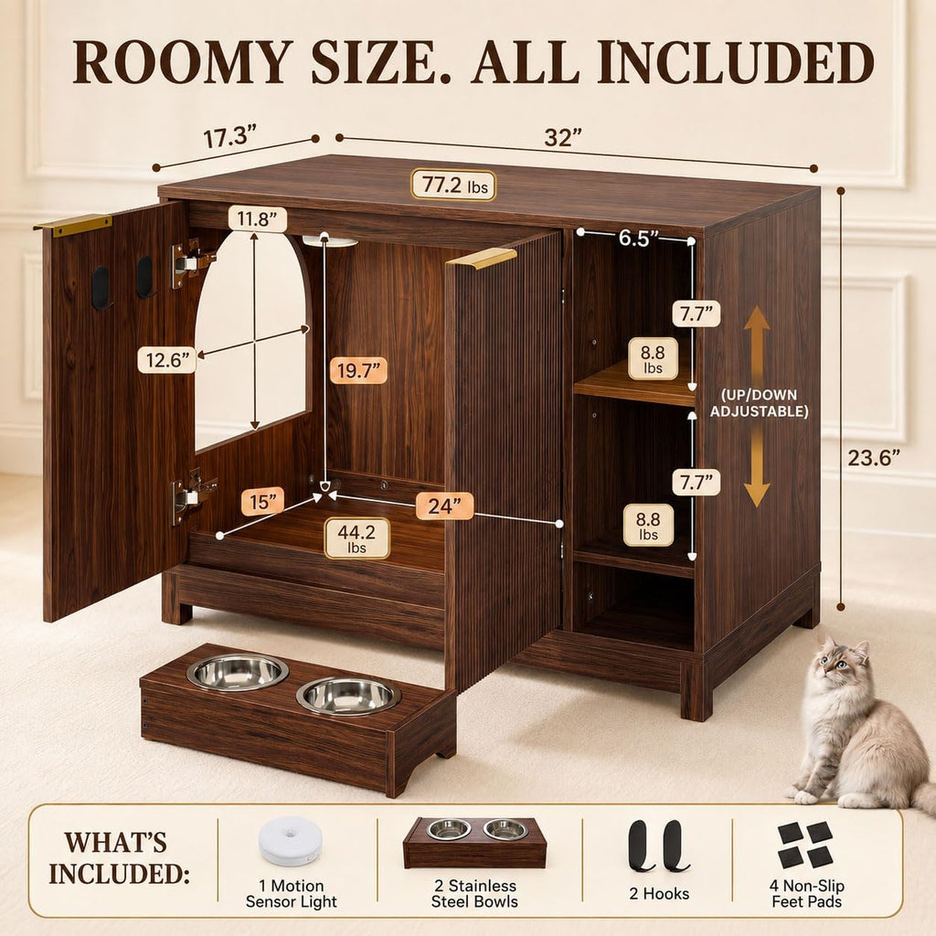 Cat Litter Box Enclosure, Multifunctional Storage Cabinet, Walnut