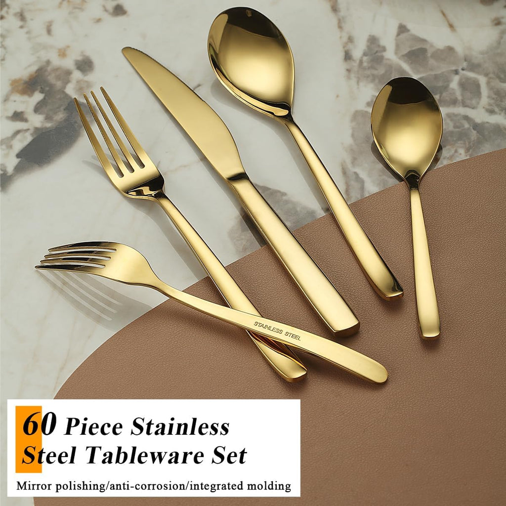 Gold Silverware Set 60 Pieces Service for 12, Golden Titanium Plating Stainless Steel Flatware Set