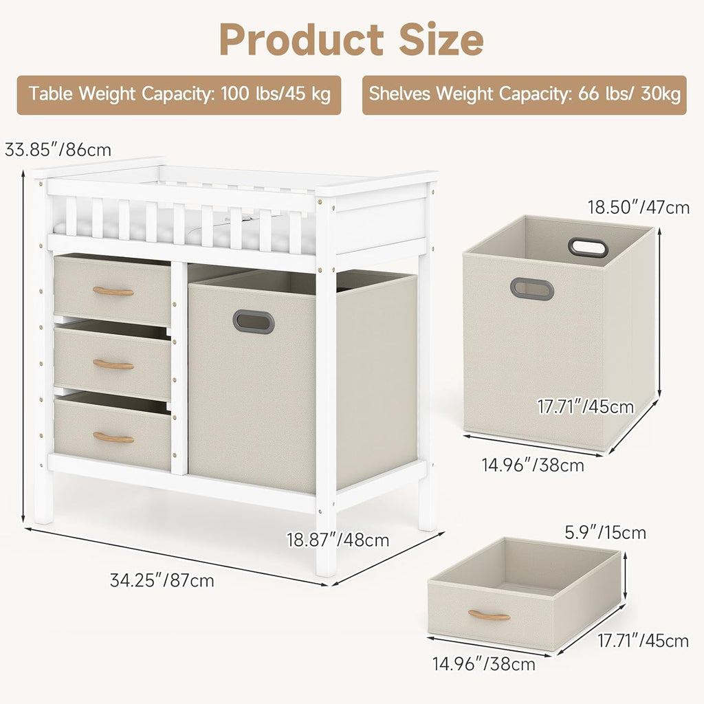 Wooden Baby Changing Table with Comfy Changing Pad, 3 Fabric Drawers, Laundry Hamper, Safety Belt, Diaper Station