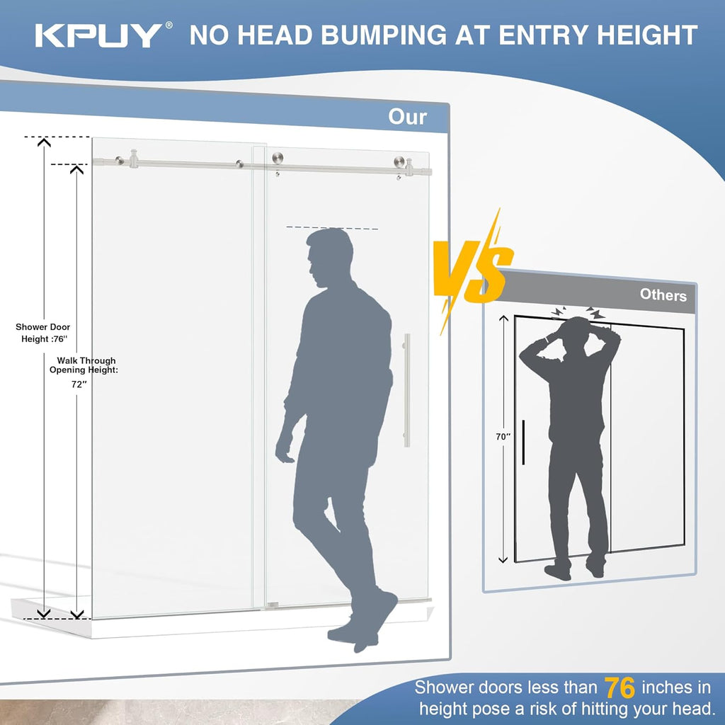 Frameless Shower Door, 55-60" W x 76" H Sliding Glass Shower Door