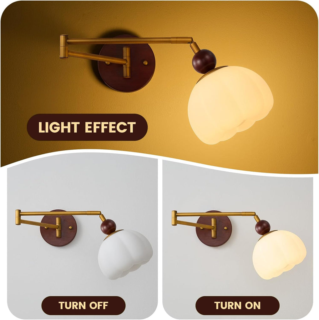Swing Arm Wall Lamp, Mid Century Modern Adjustable Wall Sconce with Gold Metal Swing and Cream Dome Shade, Retro