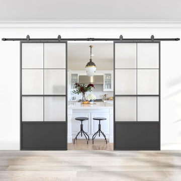 Double Barn Door 72 x 84 in with 12FT Hardware Kit and Soft Close Mechanism, 2 Sets of 36x84 in Paneled Frosted Glass