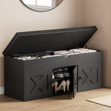 Shoe Storage Bench with Lift Top & 3 Barn Doors, Entryway Bench with Removable Cushion, Adjustable Shelf, Hidden