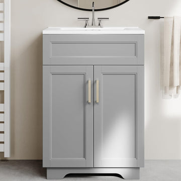 Bathroom Vanity with Ceramic Sink, Wooden Double Door Bathroom Storage Vanity with 24 Inch, Small Quick Assembly Bathroom Cabinet, White & Grey
