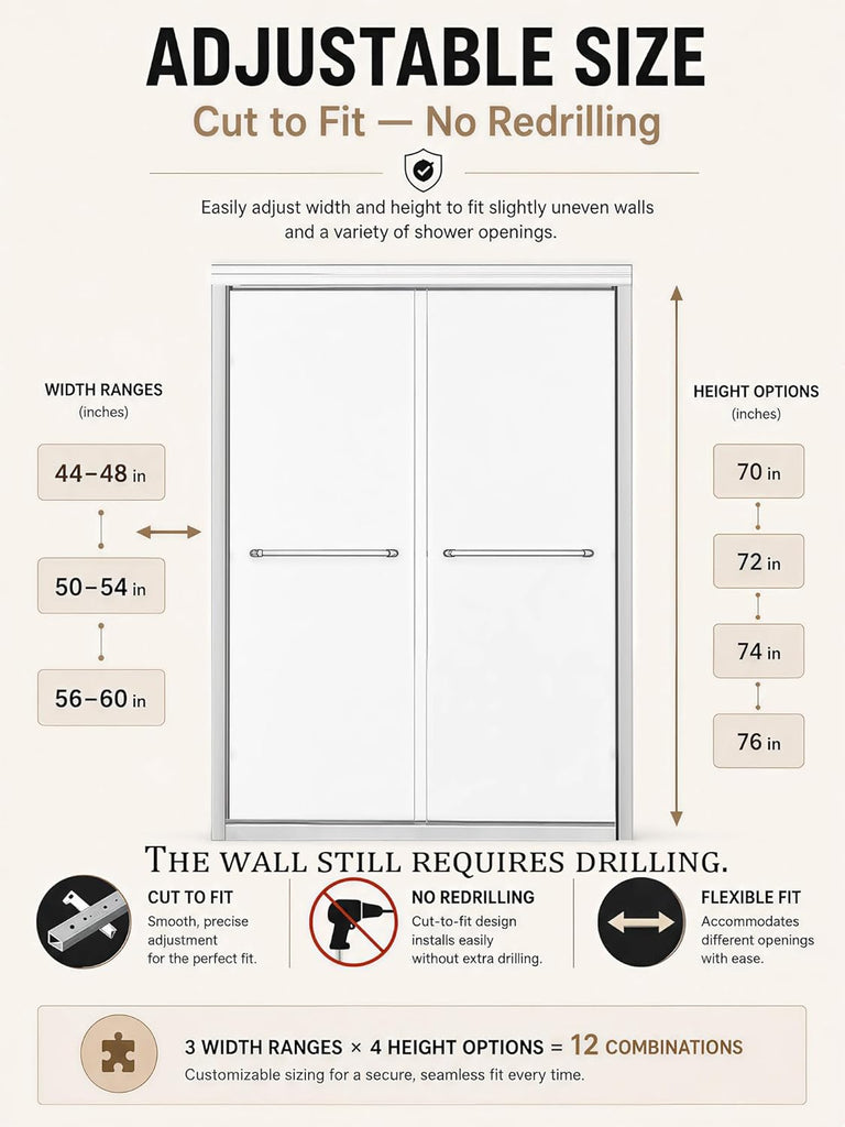 Semi-Frameless Sliding Glass Shower Door 56-60 in. W x 72 in. H, Chrome Frame, 1/4 in. Clear Tempered Glass