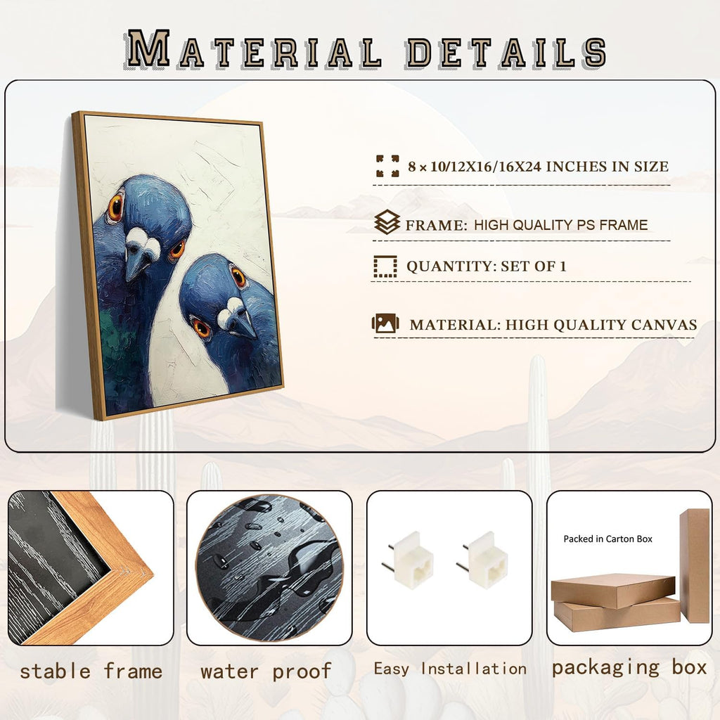 Framed Funny Pigeons Bathroom Wall Art Blue Bird Canvas Art Prints Quirky Wall Decor Pictures Whimsical Paintings
