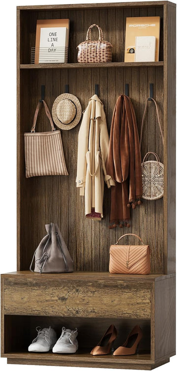 Hall Tree with Bench and Shoe Storage, Entryway Coat Rack with Shoe Bench and Drawer, 5 Hooks, Freestanding Hall Tree
