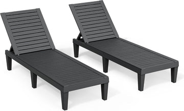 Outdoor Chaise Lounge Chair Set, Patio Chairs(Black Striped, Set of 2) | Wood-Grain HDPE, 5-Position Recline, Patio