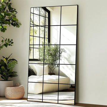 Full Length Mirror, 28"x 55" Window Pane Decorative Mirror for Wall, Black Metal Framed Wall Decor, Wall Mounted