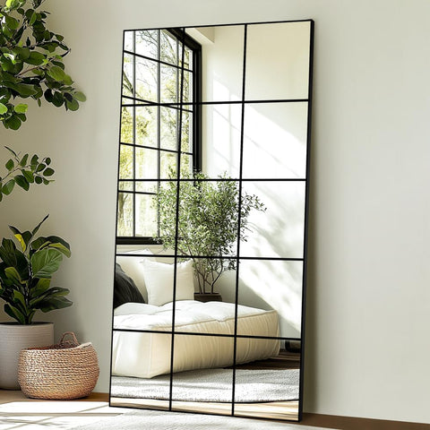 Full Length Mirror, 28"x 55" Window Pane Decorative Mirror for Wall, Black Metal Framed Wall Decor, Wall Mounted